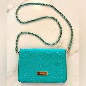 Bebe Turquoise Teal Gold Studded Crossbody Clutch Purse Bag EUC